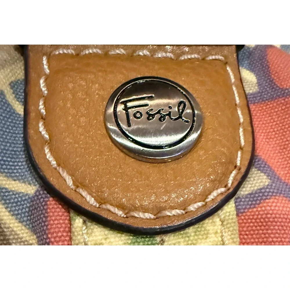 Fossil Key-Per Floral Hobo Tote Bag Canvas & Leather Trim Shoulder Purse